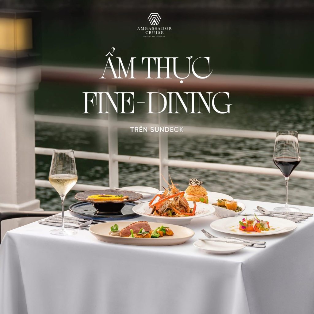 Có thể là hình ảnh về văn bản cho biết '公 MBASSADOR ADOR MBASS ẨM THỰO FINE DINING TRÊN SUNDECK nonoc'